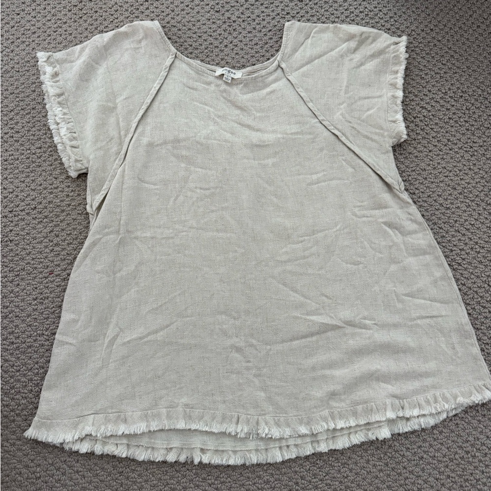 Umgee Cream Short Sleeve Linen Tunic with Fringe Trim